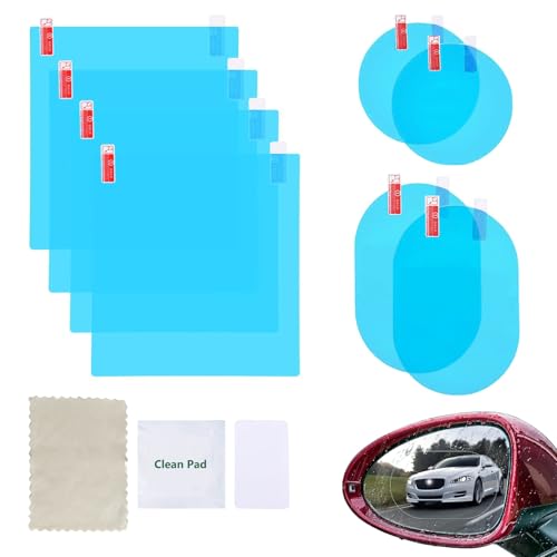 8 Pack Car Rearview Mirror Film, Car Mirror Film Anti-Fog Glare Rainproof, Waterproof Nano Coating Films for Side Mirrors and Windows, for Safe Driving in Rainy Conditions, Installation Kit Included