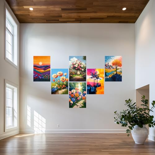 Image of SiddArtify Floral Landscape Wall Art Prints Set - Colorful Flower Poster Decor for Living Room Bedroom Office - 8x12 Sticker Pack of 6