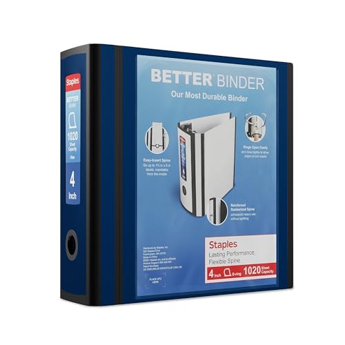 Staples 4‑Inch 3‑Ring Better Binder, High‑Capacity Durable View Binder for Office & School Storage, Navy Blue, 2‑Pack