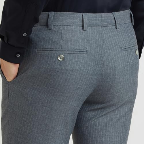 Image of Raymond Men's Mid Rise Slim Fit Stripe Pattern Polyester Blend Flat Front Formal Trouser