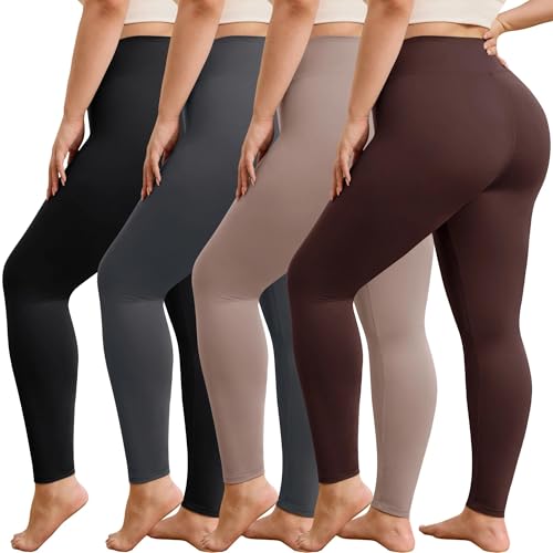 VALANDY Creamlush プラスサイズ レディース レギンス 4パック ハイウエスト レギンス レディース 快適 ストレッチ ラウンジパンツ タイツ L-5XL, 4パック - ブラック/ダークグレー/カーキ/ブラウン, 3X-Large（Amazon）