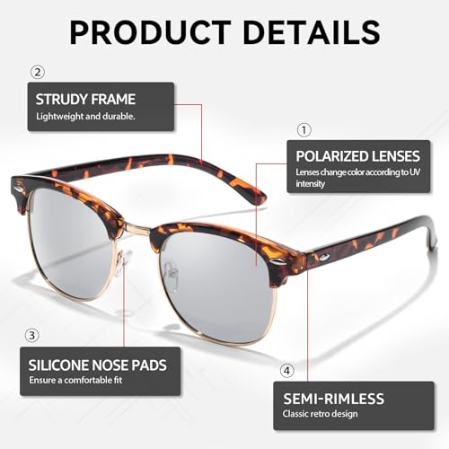 SIPHEW Photochromic Polarized Sunglasses for Men Women Semi-Rimless Retro Driving Sun Glasses with UV400 Protection Lens3