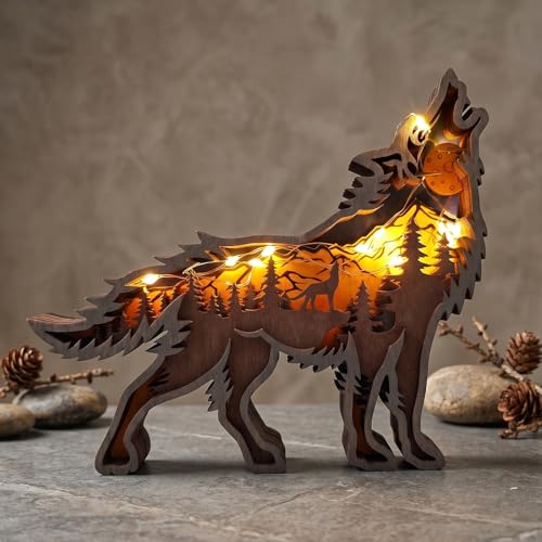 Drawelry 3D Wood Carving Animals Lamp Home Decorative Cute Bear Family Elephant Presents Ideas Christmas Living Room Office Decor Warm LED Night Lights Gift for Friend Daughter Son Mom Dad (Wolf)