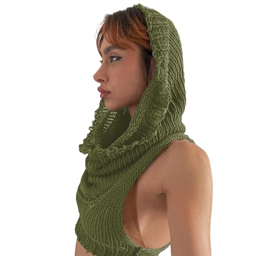 Image of Women's Knitted Hoodie Sweater Vest Sexy Sleeveless Hollow Out Hooded Crop Top Draped Sweatshirt Streetwear