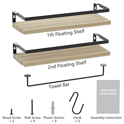 Mzf Home Decor Floating Shelves, Wall Shelves With Towel Bar/Hooks, Bathroom Wall Decor, Floating Shelves Wood For Bathroom/Living Room/Kitchen/Bedroom,(Black-Natural) Floating Bathroom Shelves #TOP6
