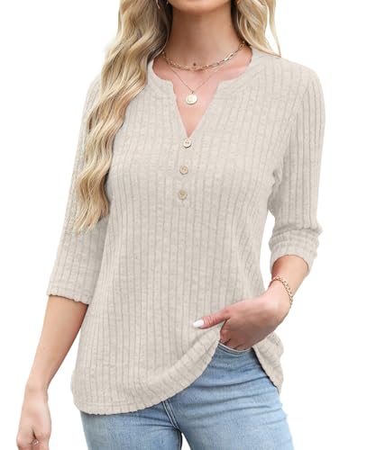 JomeDesign Sweaters for Women 3/4 Sleeve V Neck Shirts Dressy Casual Blouses Loose Fit Tunic Tops2