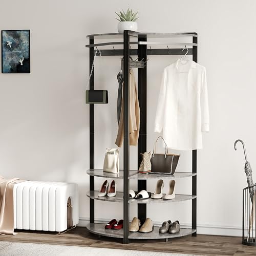 GarveeHome Corner Coat Rack with Shoe Bench Entryway, Corner Hall Tree with 6 Double Hooks, Corner Clothes Rack with Storage Corner Tree with Organizer Shoe Bench Shelf for Entryway, Hallway, Closet