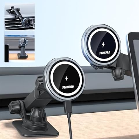 PLDHPRO for Magsafe Car Mount Charger Tesla Dashboard,Magnetic Wireless Charger Phone Holder, Compatible with iPhone 15 14 13 12, 15W Fast Charging,Telescopic Adjustable Arm, Gray Cover