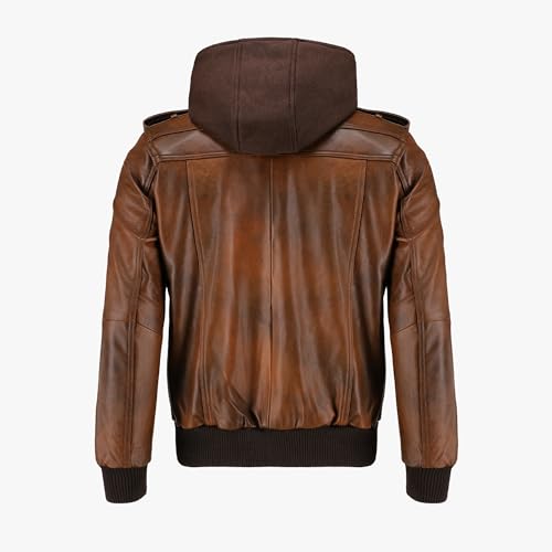 Image of TLC's Mens Leather Bomber Jacket | Durable Lambskin Leather Bomber Jacket Men with Removable Hood