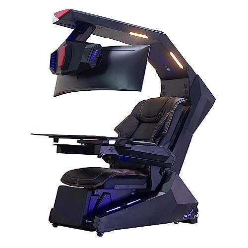 IW-R1 PRO Zero Gravity Reclining Workstation Computer Imperator Gaming Chair Cockpit for Works; (3-Monitor Brackets, Leather Seat, Black)