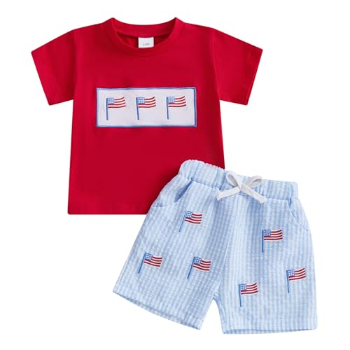 Image of Kayotuas Fourth Of July Toddler Boy Outfit Baby American Flag Clothes Patriotic Shirt Striped Gingham Shorts 2Pcs Summer Sets