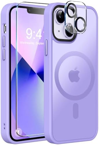 MOCCA Strong Magnetic for iPhone 13 Case, [Compatible with Magsafe][Screen Protector+Camera Lens Protector] Translucent Matte Back Slim Shockproof Case for iPhone 13 Phone Case 6.1", Light Purple