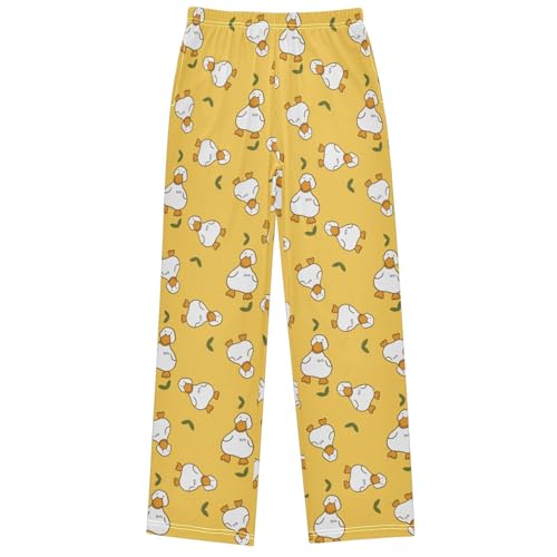 Boy's Pj Pants Cartoon White Duck Grass Yellow Lounge Bottoms Elastic Waist Kids Joggers with Pockets Size 6-14