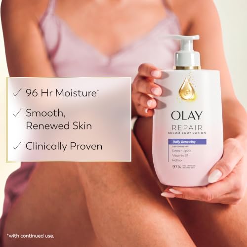 Image of Olay Daily Renewing Body Lotion for Women, 96HR Moisture, Lightweight Fast-Absorbing Repair Care, with Vitamin B3 & Retinol, Free of Parabens & Phthalates, Vanilla Creme & Sandalwood Scent, 17 fl oz