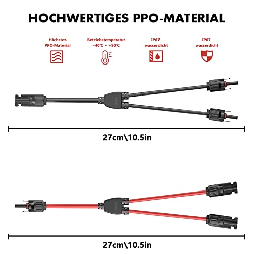 Solarkabel Y-Verteiler, Solar Abzweigadapter Solar PV Paralleladapter (1 bis 2), Solarpanel Kabel Y Abzweig Parallelverbinder MMF+FFM für Parallel Photovoltaik Anschluss, 1 Rot +1 Schwarz