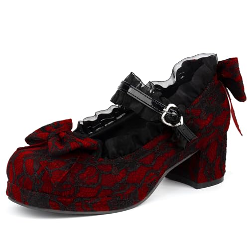 Image of LUXMAX Women Kawaii Mid Block Heel Mary Jane Rockabilly Pumps with Bow Platform Chunky Heel Cute Sweet Shoes