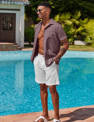 Image of COOFANDY Men's Button Down Shirts Short Sleeve Casual Shirts Summer Beach Linen Shirts with Pocket