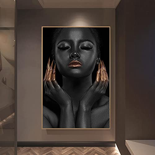 Art africain sur toile haut de gamme : affiche femme noir et or 50x70cm