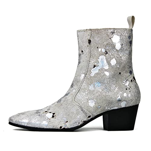 Image of OSSTONE Men Chelsea Ankle Boots Leather Pony Hair Leopard Boot with Side Zipper Casual Heel Dress Boots JY054-US-R