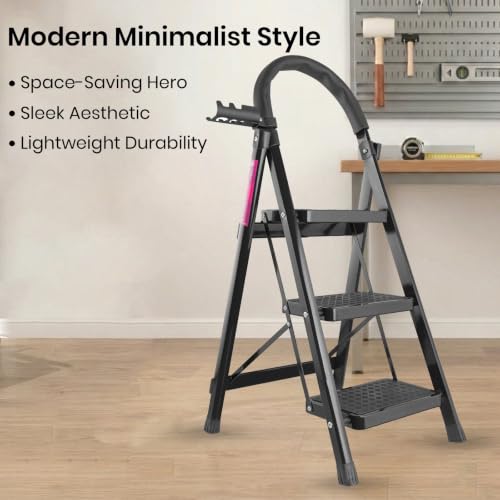 Image of Casa Copenhagen Black 3 Step Ladder for Home Use with Built-in Tool Tray | Heavy Duty D Shape Rods |Large Platform | Wide Rubber Feet | 150Kg Capacity Foldable Ladder - 7 Years Warranty