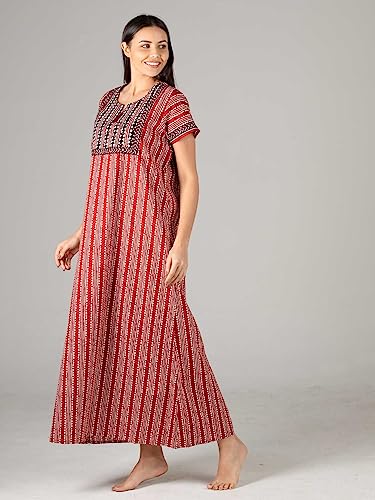 Evolove Cotton Nighty Maxi for Women with Side Pocket | Printed Short Sleeves Full Length Night Wear Gown
