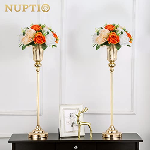 Image of NUPTIO Flower Balls for Wedding Centerpieces: 9.5 Inch Diameter Orange Artificial Flower Ball Arrangement Bouquet Fall Party Table Decor - Fake Rose Autumn Weddings 2 Pcs