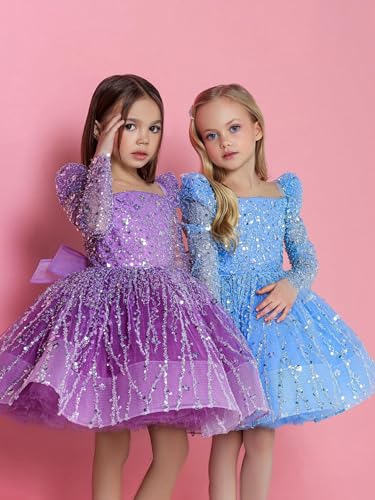 Sequin Flower Girl Dresses 2025 Sparkly Short Pageant Dress Long Sleeves Birthday Party Dress with Bow2