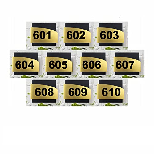 Image of Combo Number Plate | Combo SET601-610(Pack of10)| Laser Cut Acrylic Black and Gold Color Smooth Finish Plate with Double Side Tape on Backside
