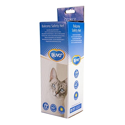 Red de Seguridad en Balcones para Gatos - 4 x 3 m - Ayuda a Prevenir Saltos o Caídas - Elaborada en Nylon Transparente - Resistente a Rayos UV - Incluye Cinta de Fijación y Ganchos - Duvo+