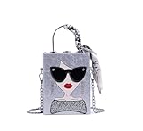 3D Lady Face Cartoon Crossbody Handbags Evening Clutch Bag for Women Square Box Evening Bags (Silver)