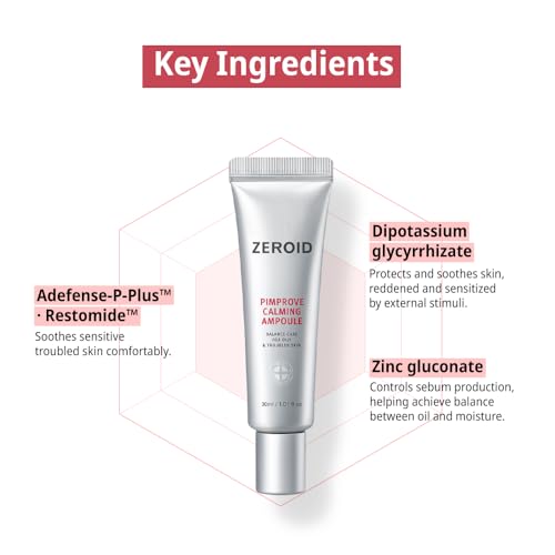 ZEROID | Pimprove Calming Ampoule | Korean Dermocosmetic Balance Care for Oily & Troubled Skin | Soothing Face Serum for Sensitive Skin | Acne-Prone Skincare | Korean Skin Care | 1.01 fl oz (30ml)