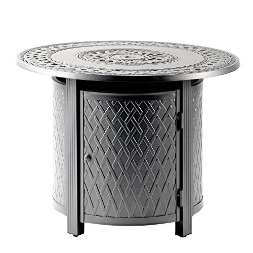 Image of Oakland Living Round 34 in. x 34 in. Aluminum Propane Fire Pit Table with Glass Beads, Two Covers, Lid, 37,000 BTUs in Grey Finish
