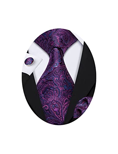 Barry.Wang Paisley Tie Fashion Set Hanky Cufflinks Neckties for Men Woven Silk Purple