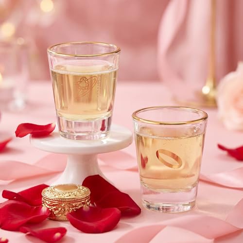 Image of Mimorou Bride and Groom Shot Glass Set, 2 Pack 2 oz Mr and Mrs Wedding Shot Glasses, Engagement Gift for Couples, Bridal Shower Gift, Stemless Glasses with Gold Ring Design