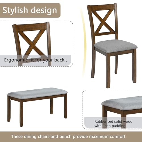 Image of LUMISOL 6 Piece Dining Table Set for 6, Solid Wood Kitchen Table with 4 Chairs and Bench, Farmhouse Dining Table Chair with Bench Set for Kitchen, Living Room, Walnut Grey