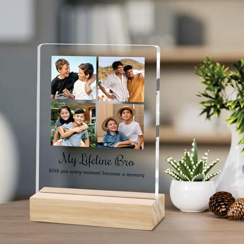 Image of Giftplease Customized Photo and Text Frame with Wooden Stand | Personalised Printed Photo Frame | Gift for Brother | Birthday | (Transparent, 5MM, 6 * 8 Inches), Tabletop BG 14