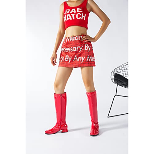 Enelauge Women's Go Go Boots Over The Knee Block Mid Heel Boots Square Toe Zipper Party Dance Shoes Red 42-10.5 Us #TOP5