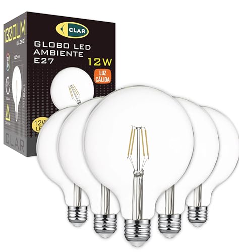 CLAR- Bombilla Globo E27 LED, Bombilla Vintage E27 LED G125 Filamento, 12W Luz Cálida 2700ºK (Pack 5)