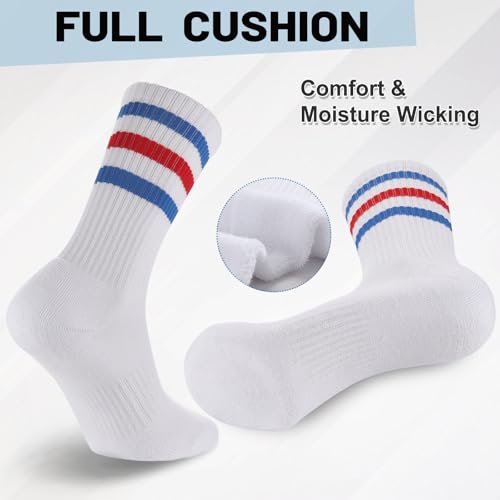 Image of Ultrafun 5 Pairs Striped Crew Socks Cotton Cushioned Athletic Sports Running Socks for Men Women Teens