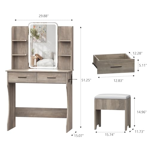 Image of Small Vanity Desk with Mirror and Lights, Makeup Vanity with LED Lights, Grey Vanity Mirror with Lighted Desk and Chair, 3 Lighting Adjustable Compact Dressing Table with Mirror for Women, Girls