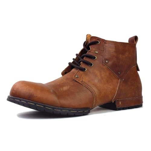 Image of OSSTONE Moto Boots for Men Fashion lace-up Leather Chukka Boots Casual Shoes OS-6015-2-retro-brown-US-R