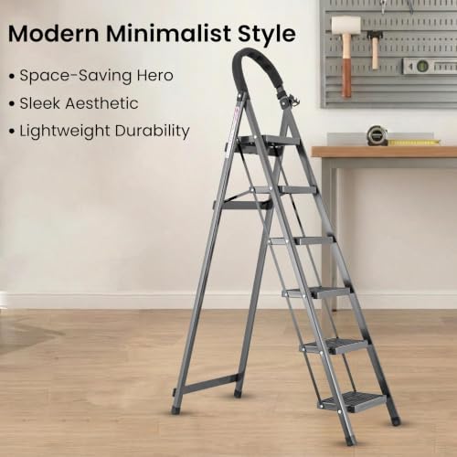 Image of Casa Copenhagen Grey 6 Step Ladder for Home Use with Built-in Tool Tray | Heavy Duty D Shape Rods | Ultra Large Platform | Secure Lock and Stability | 150Kg Capacity Foldable Ladder - 7 Years Warranty