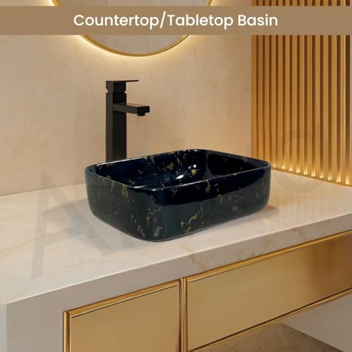 Image of Artiva Ceramic Wash Basin /Tabletop Washbasin For Bathroom,12 inchx16 inch /Small Countetop Bathroom Basin /Table Top Basin For Home,Office,Hotel /Rectangle Glossy Sink (Phoenix-Gold,12x16 Inch)