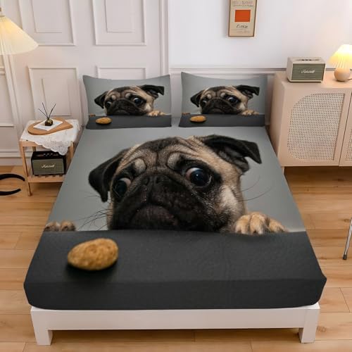 ボックスシーツ スモールシングル ハーピー犬 ベッドシーツ 80x200x30cm 抗菌防臭マットレスカバー パグ 洗えるベッドカバー ポップなスタイル 着脱簡単布団シーツ 敷き布団カバー柔らかい通気性マイクロファイバー 寝具セット、2 枕カバー43x63