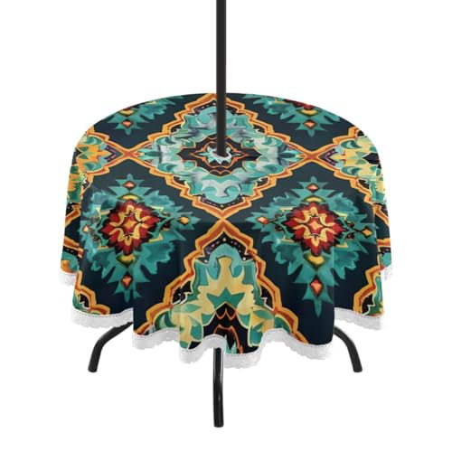 Wajiw 60 Inch Indoor Outdoor Round Tablecloth with Umbrella Hole and Zipper Waterproof Patio Table Cover for Camping Dining Room Party Outdoor Picnic,Aztec Pattern