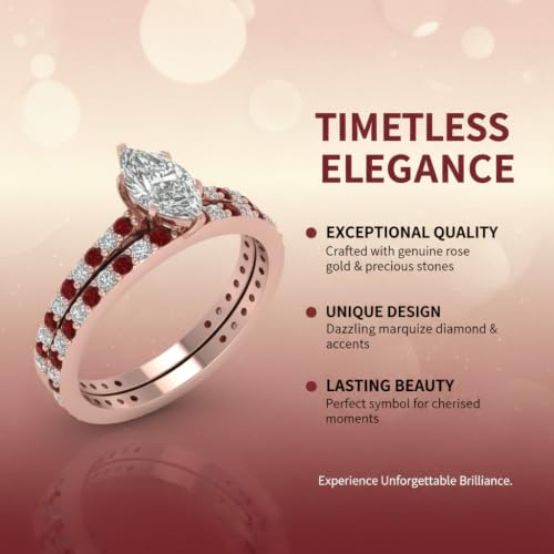 Image of 55Carat Choose Your Gemstone Marquise Shape 14k Rose Gold Plated Classic Delicate Diamond CZ Handmade Fashion Jewelry Party Wear Daily Wear Ornament Gifts for Wife Wedding Ring Sets : US Size 4 to 12