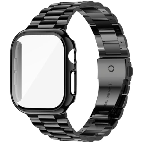 iiteeology Compatible with Apple Watch Band 46mm Series 11 Series 10, Upgraded Stainless Steel Band with iWatch Screen Protector Case for Men Women Jet Black/Jet Black