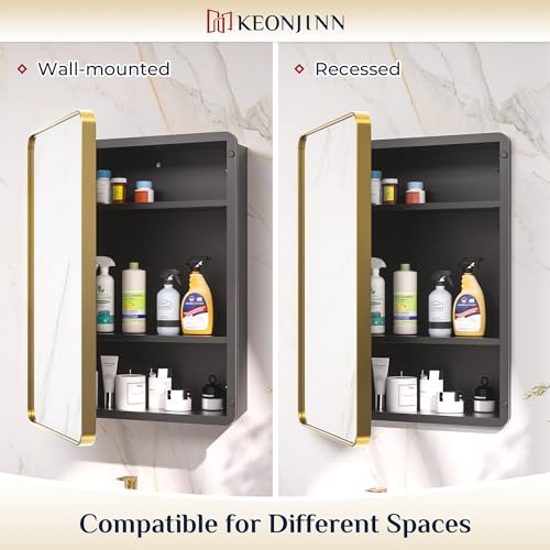 Keonjinn 20 x 26 Inch Gold Recessed Medicine Cabinets, Mirrored Bathroom Medicine Cabinet, Brushed Brass Stainless Steel Framed, Adjustable Shelves, in Wall or Surface Mount, Soft Closing, Modern