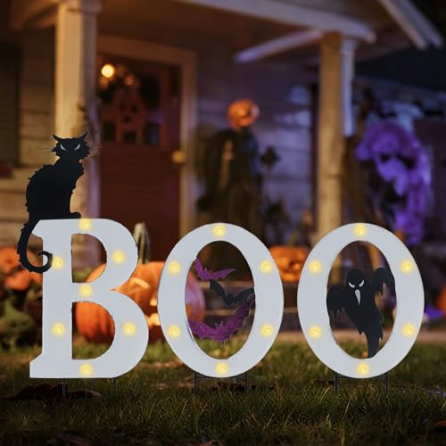 Prsildan 3 Pack Halloween Decorations Outdoor -Solar Powered Lighted Boo