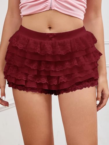 Image of Women Y2K Lace Multi-Layered Bloomers Lolita Ruffle Shorts Cute Mini Skirt | Tiered layers, elastic waist, pumpkin pants, for rave party /country concert /festival